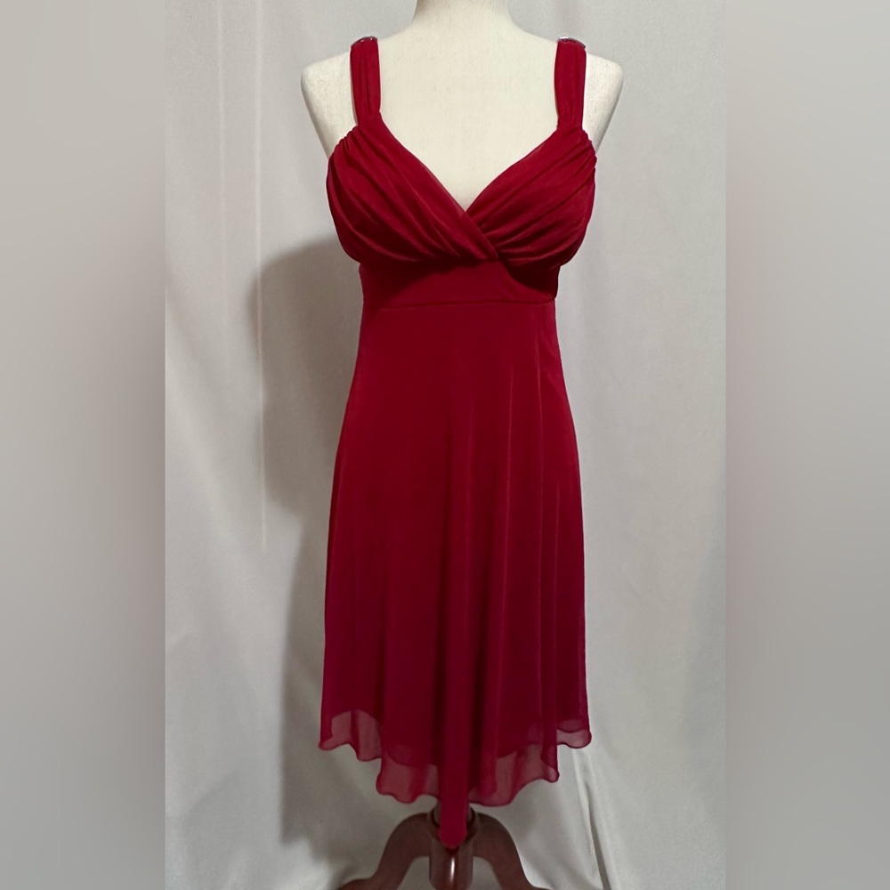 EN FOCUS STUDIO Red A-Line Sheer Overlay Dress.